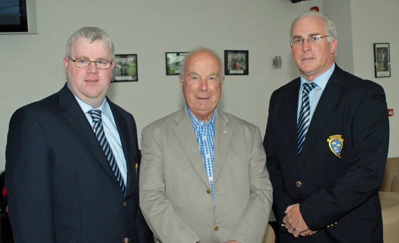 Mallow Gaa Club hosted the launch of this years Munster Hurling and Football Championships in their splendid complex pic shows Club President Sean Cooney centre welcoming Munster Council Officials Ed Donnelly (left )and Sean Walsh Chairman pic George Hatchell
